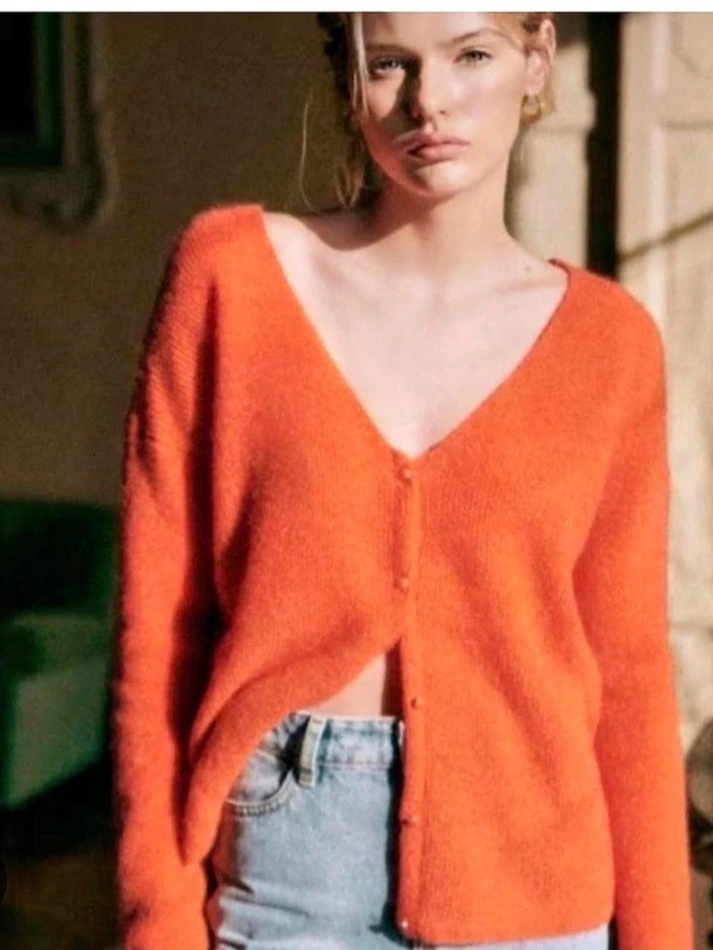 La Maille Sezane Orange V-Neck Barry Cardigan Size Small Like New